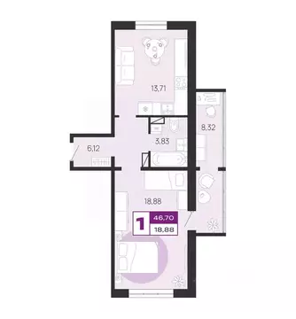1-к кв. Брянская область, Брянск Медовый кв-л, поз7 (46.7 м)
