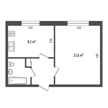 1-комнатная квартира: Рыбинск, Буксирная улица, 26 (38.9 м)