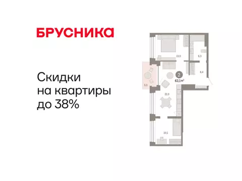 2-комнатная квартира: Тюмень, улица Муравленко, 9/2 (63.08 м)