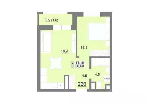 1-к кв. Свердловская область, Екатеринбург ул. Металлургов, 63/3 (38.6 ...