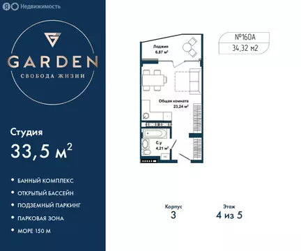 Квартира-студия: Севастополь, улица Лётчиков, 10к4 (33.5 м)