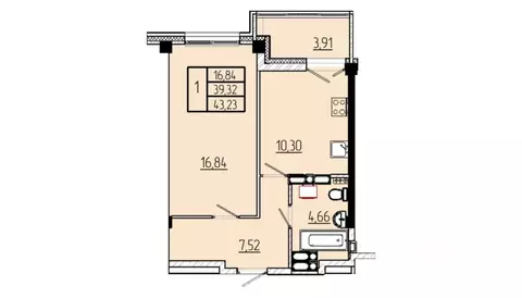 1-к кв. Омская область, Омск Волгоградская ул., с3 (43.23 м)