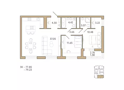 2-к кв. Пензенская область, Пенза Академия жилой комплекс (79.23 м)