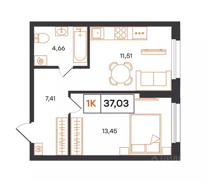 1-к кв. Тюменская область, Тюмень Полевая ул., 117к12 (37.03 м)
