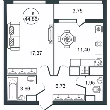 1-к кв. Тверская область, Тверь Южный мкр,  (44.86 м)