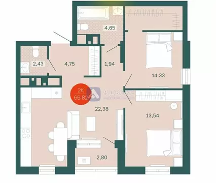 2-комнатная квартира: Тюмень, Одесская улица, 7к1 (64.1 м)