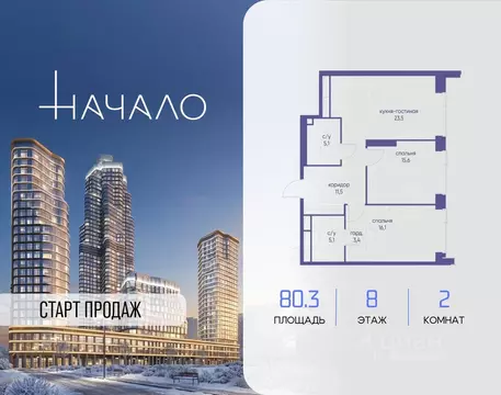 2-к кв. Москва Начало жилой комплекс (80.3 м)