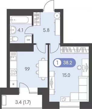 1-к кв. Удмуртия, Ижевск Воткинское ш., 53к1 (38.2 м)