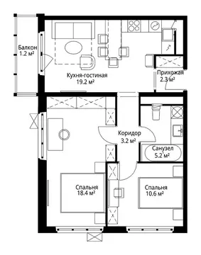 2-комнатная квартира: деревня Сапроново, микрорайон Купелинка, квартал ...