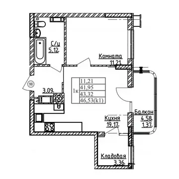 1-к кв. Калининградская область, Калининград ул. Дубовая Аллея (43.32 ...