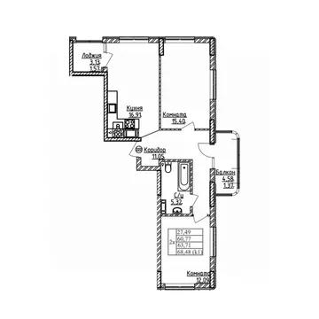 2-к кв. Калининградская область, Калининград ул. Дубовая Аллея (63.71 ...
