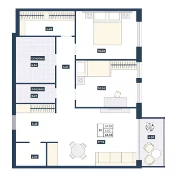 2-к кв. Краснодарский край, Анапа Мореград жилой комплекс (68.08 м)
