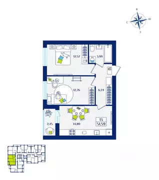 2-к кв. Калининградская область, Зеленоградск  (51.59 м)