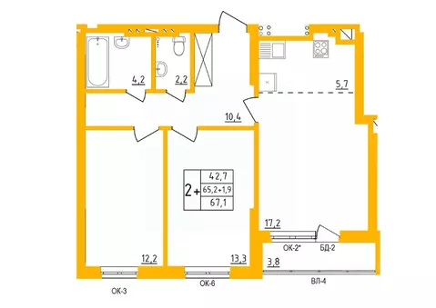 2-к кв. Башкортостан, Уфа Инорс-4Б мкр, Акварель жилой комплекс (67.1 ...