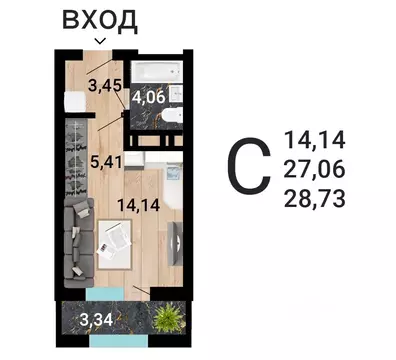 Студия Воронежская область, Воронеж ул. Летчика Демьянова, 1 (30.36 м)