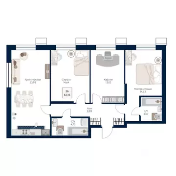3-к кв. Московская область, Мытищи Бархат жилой комплекс (83.45 м)