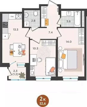 2-к кв. Пермский край, Пермь ул. Куфонина, 1 (52.6 м)