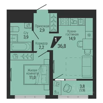 1-к кв. Свердловская область, Екатеринбург Вторчермет жилрайон,  (36.8 ...