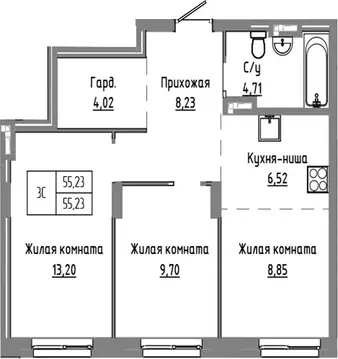 2-комнатная квартира: Краснообск, жилой комплекс Базилик (55.23 м)