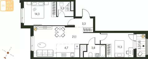 Студия Пермский край, Пермь ул. Серебристая, 1 (63.4 м)
