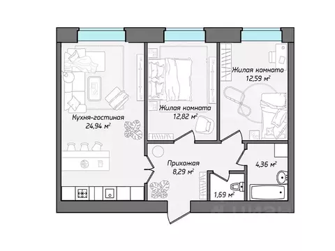 3-к кв. Чувашия, Чебоксары ул. Фридриха Энгельса, поз7 (64.69 м)