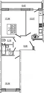 2-к кв. Смоленская область, Смоленск ул. Нахимова, 23А (66.7 м)
