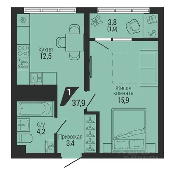 1-к кв. Свердловская область, Екатеринбург Вторчермет жилрайон,  (37.9 ...