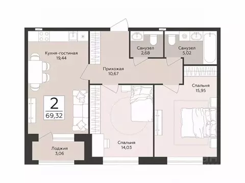 2-к кв. Воронежская область, Воронеж Эклипс жилой комплекс (69.32 м)