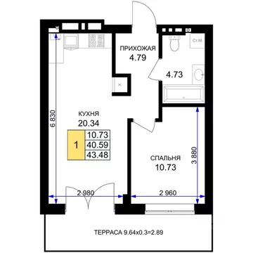1-к кв. Калининградская область, Гурьевск Включи жилой комплекс (43.48 ...