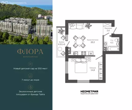 1-комнатная квартира: Сочи, улица Искры, 66/9к3 (42.8 м)