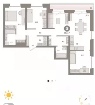 Квартира, 3 комнаты, 91.5 м