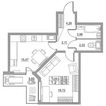 1-комнатная квартира: посёлок Шушары, Московское шоссе, 262к1 (50.78 ...