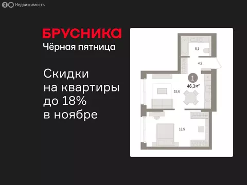 1-комнатная квартира: Новоселье, ЖК Брусника (46.32 м)