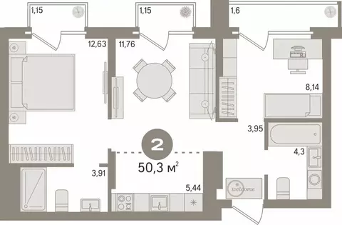 2-комнатная квартира: Екатеринбург, улица Академика Ландау, 7Б (50.3 ...