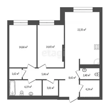 3-к кв. Башкортостан, Уфа ул. Рихарда Зорге, 73/1 (82.78 м)