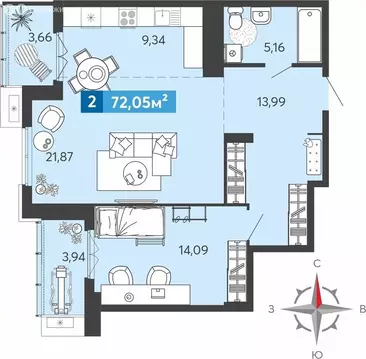 2-комнатная квартира: Засечное, Прибрежный бульвар, 5 (72.05 м)
