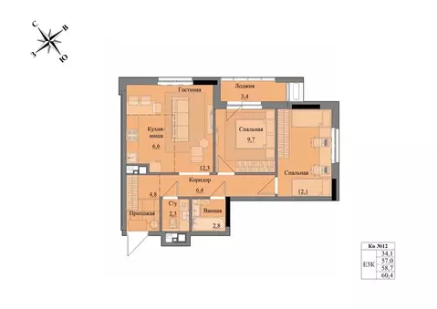 3-к кв. Удмуртия, Ижевск Краски Леса жилой комплекс (58.7 м)
