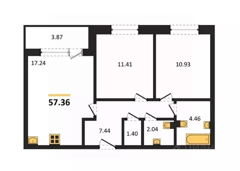 2-к кв. Воронежская область, Воронеж ул. Матросова, 60 (57.36 м)