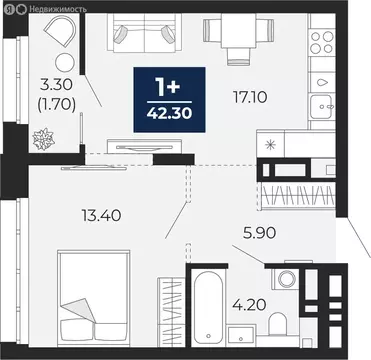 1-комнатная квартира: Тюмень, улица Пожарных и Спасателей, 2 (42.3 м)