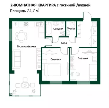 2-к кв. Ханты-Мансийский АО, Ханты-Мансийск ул. Гагарина, 202к2 (74.62 ...