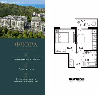 1-комнатная квартира: Сочи, улица Искры, 66/9к8 (30.2 м)