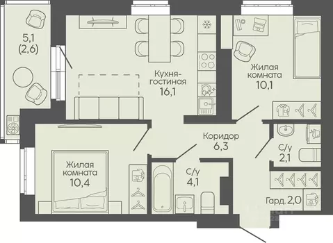 2-к кв. Волгоградская область, Волгоград Трехгорная ул., 27 (53.7 м)