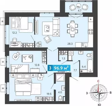 3-комнатная квартира: Засечное, Прибрежный бульвар, 5 (96.9 м)
