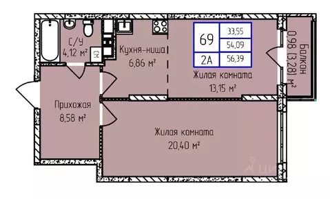 2-к кв. Удмуртия, Ижевск ул. Героя России Ильфата Закирова, 20А (56.39 ...