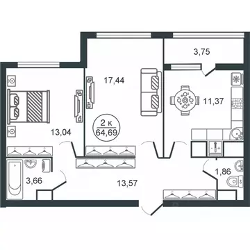 2-к кв. Тверская область, Тверь Южный мкр,  (64.69 м)