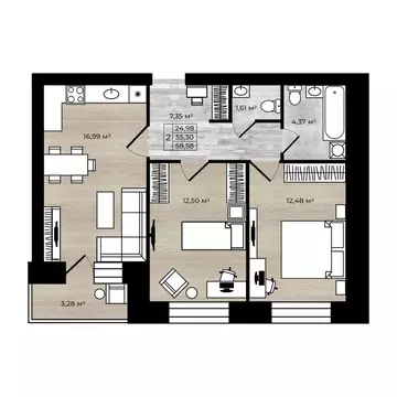 2-к кв. Ярославская область, Ярославль Тормозное ш. (58.58 м)