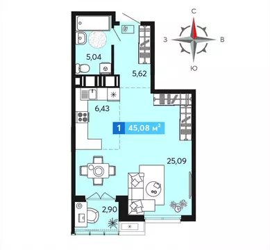 1-комнатная квартира: Засечное, микрорайон Город Спутник (45.08 м)