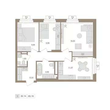 3-к кв. Башкортостан, Уфа бул. Яркий (65.16 м)