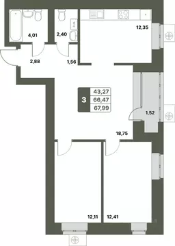 3-к кв. Башкортостан, Уфимский район, с. Миловка  (67.99 м)