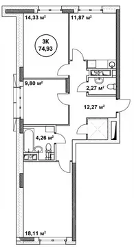 3-к кв. Нижегородская область, Нижний Новгород ул. Родионова (74.93 м)